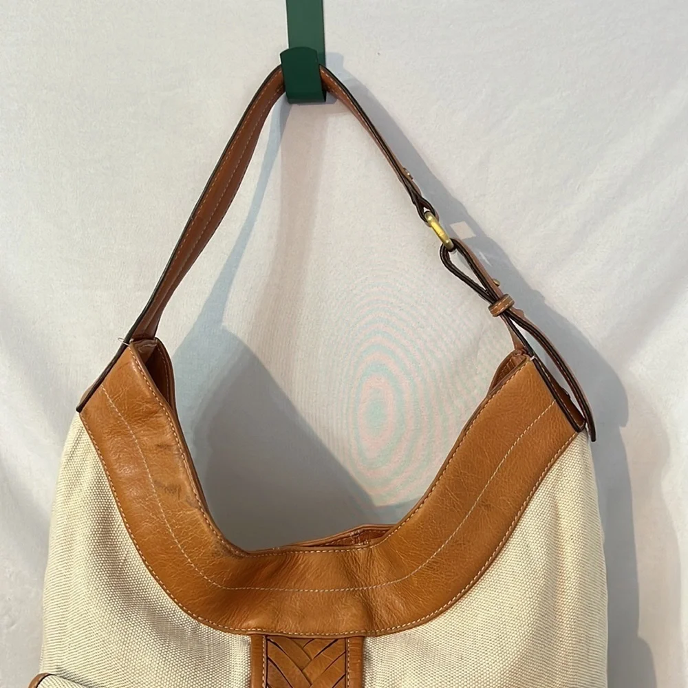 Cole Haan Vintage Stylish Tan Leather Cream Canvas Women's Bag Satchel Weekender
